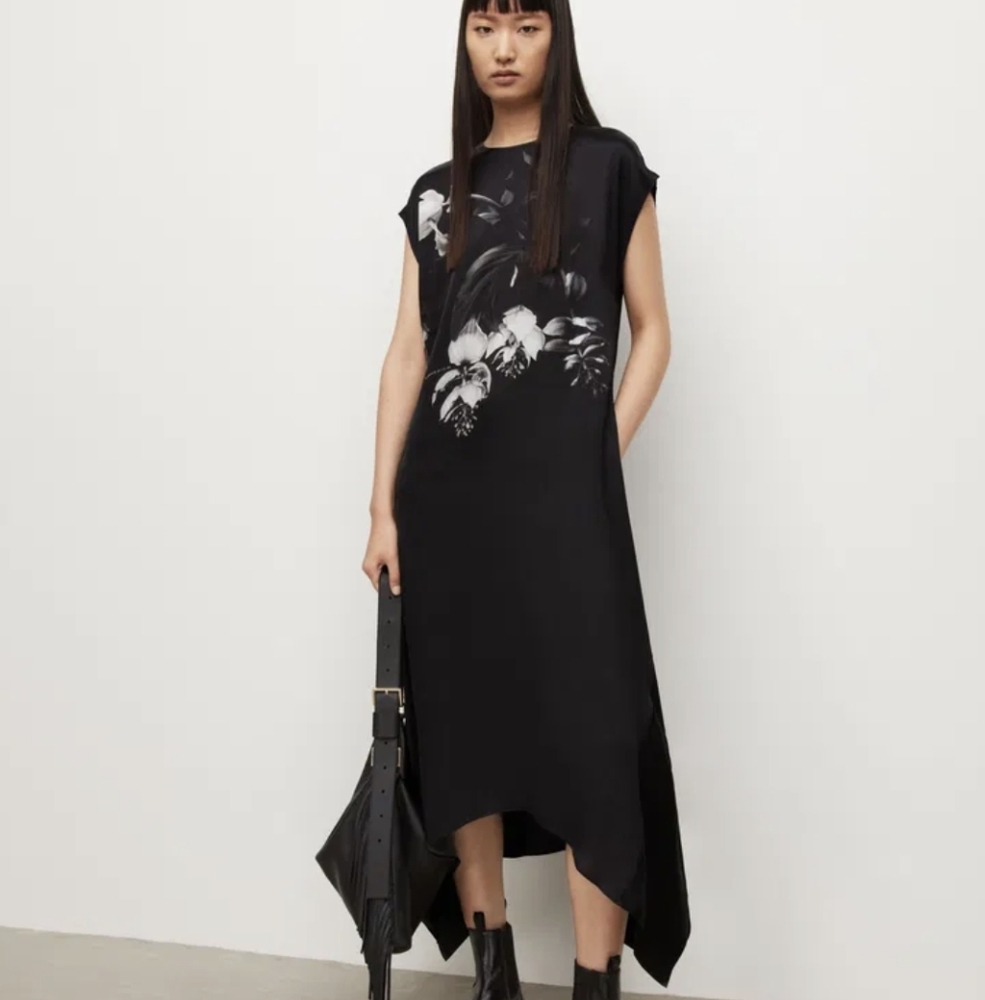 All Saints Black Asymmetrical Floral Midi Dress